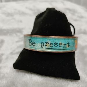 1960's Inspired Wide Metal Bangle Be Present Breathe Slow Down Bracelet